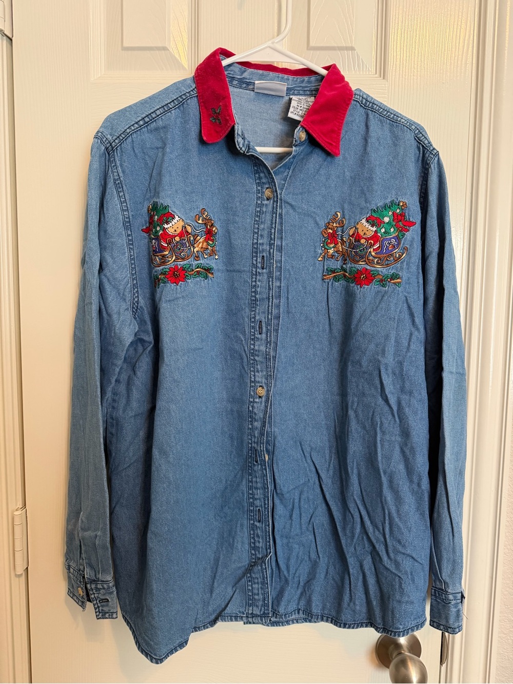 Vintage Bobbie Brooks Christmas Denim Shirt L Santa Sleigh Embroidered Velvet